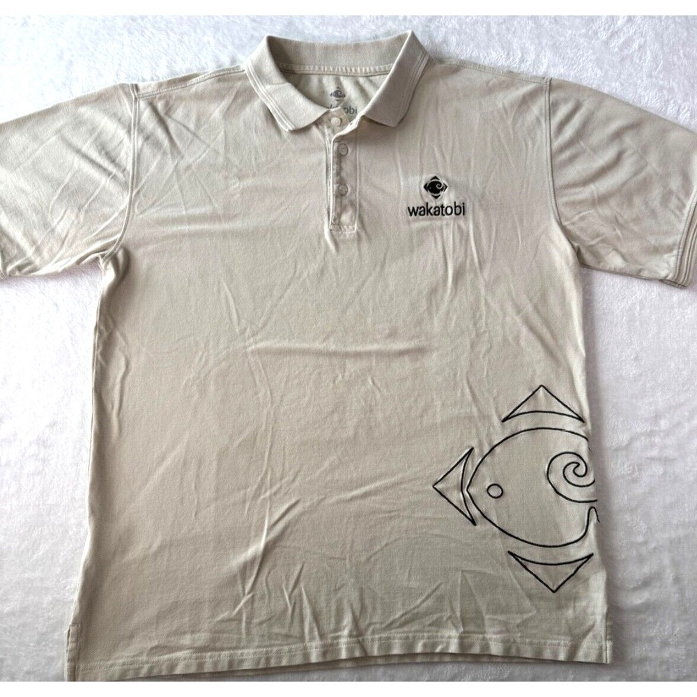 Wakatobi Dive‎ Resort Hawaii Polo Shirt Mens Size XLarge Beige with Tribal Art